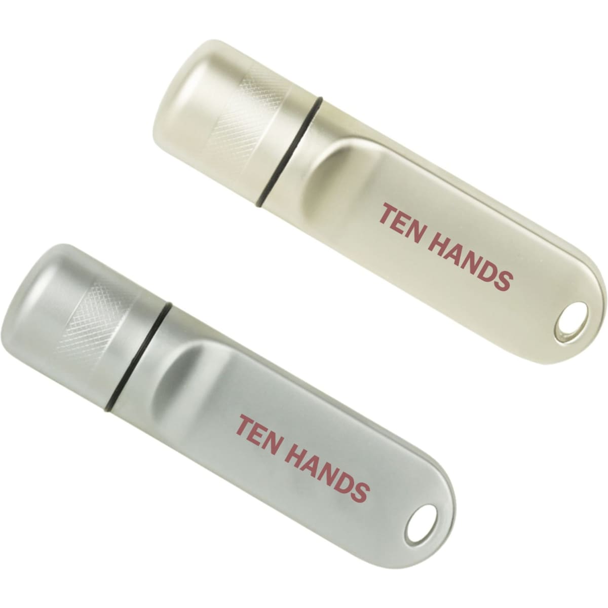A pair of Nox flash drives in silver and grey, featuring a small logo on each.