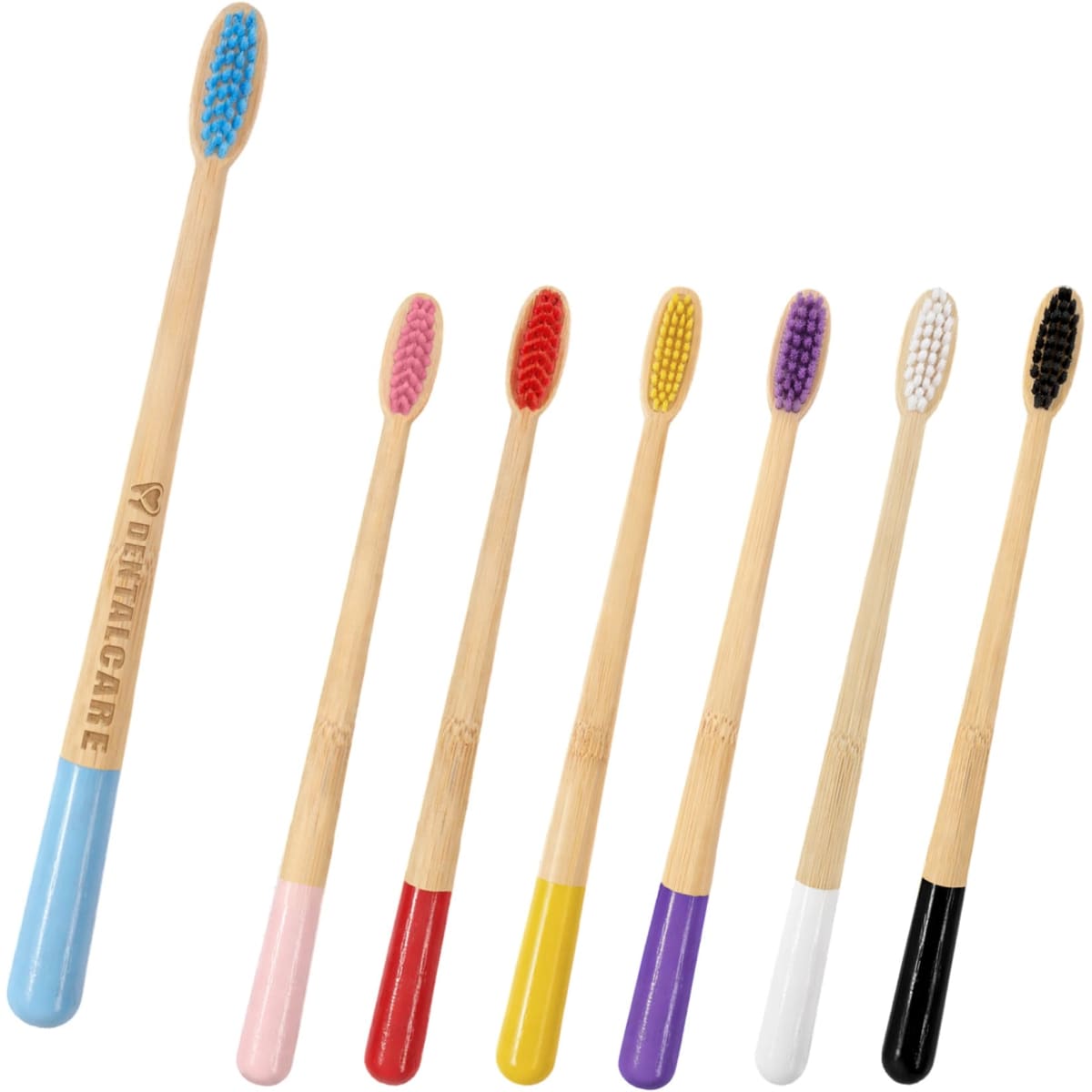 A set of large conical handle colourful toothbrushes in various hues, including pink, yellow, purple, and black, with a branding logo.