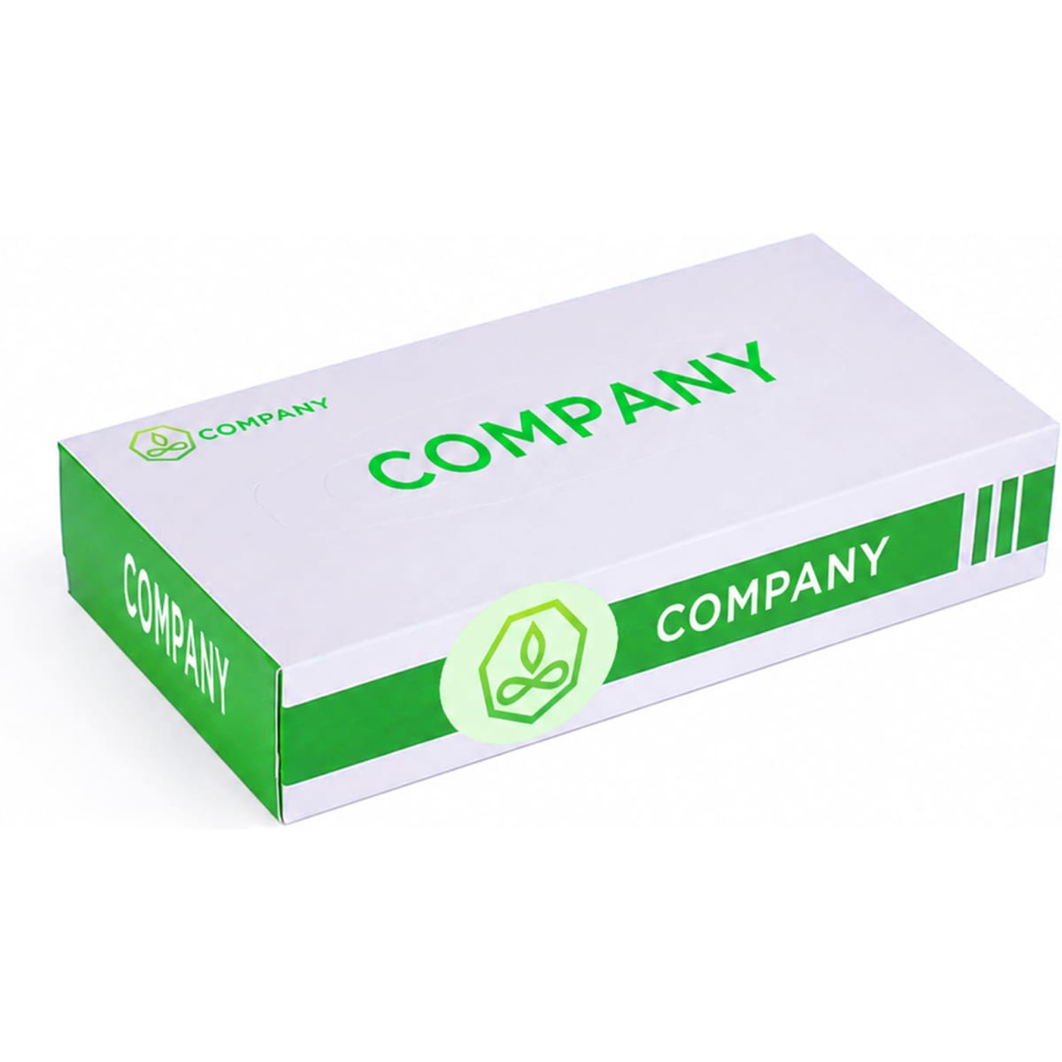 A white tissue box with a green design and branding, featuring a simple logo.