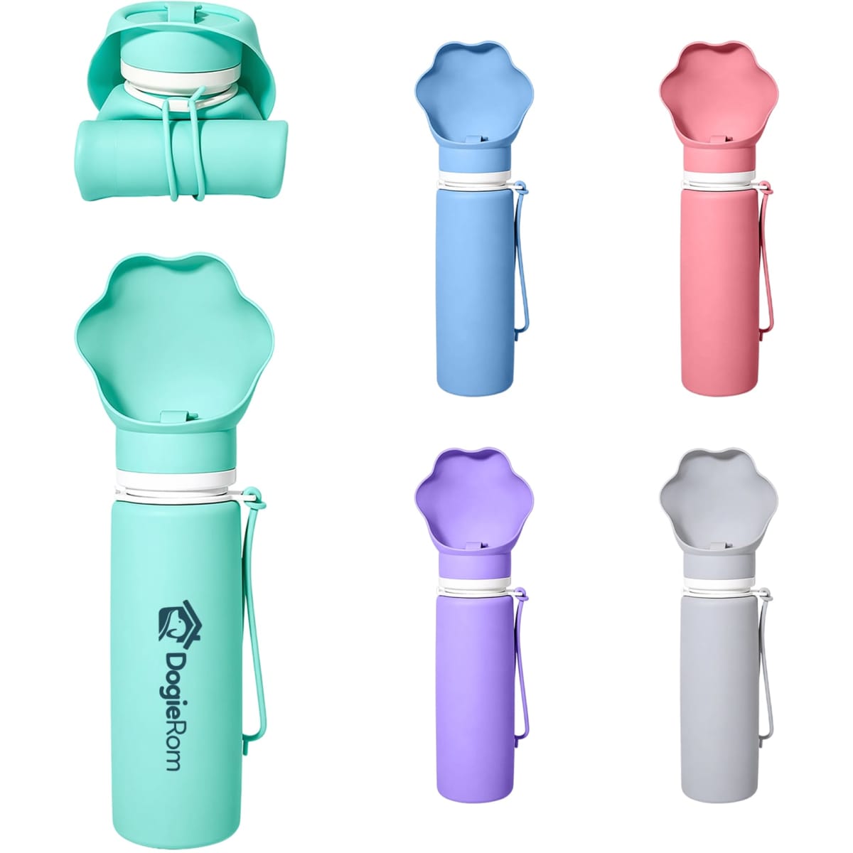 A drink bottle featuring a collapsible design, available in mint green, pink, lavender, and grey, with a logo.