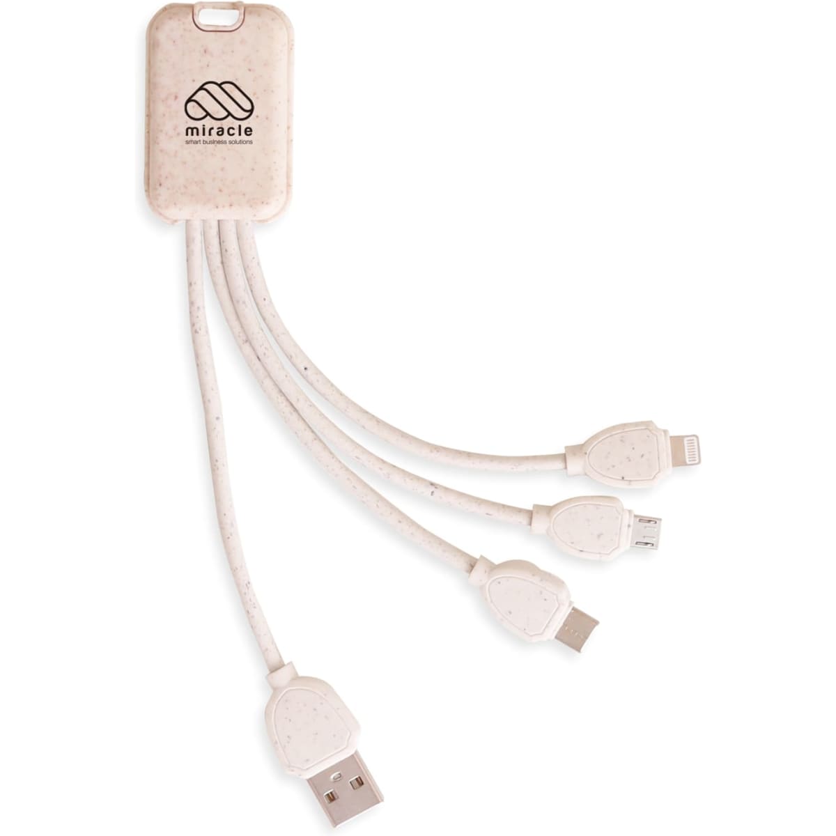 A square-shaped charging cable in a light beige colour with three connectors and a logo.
