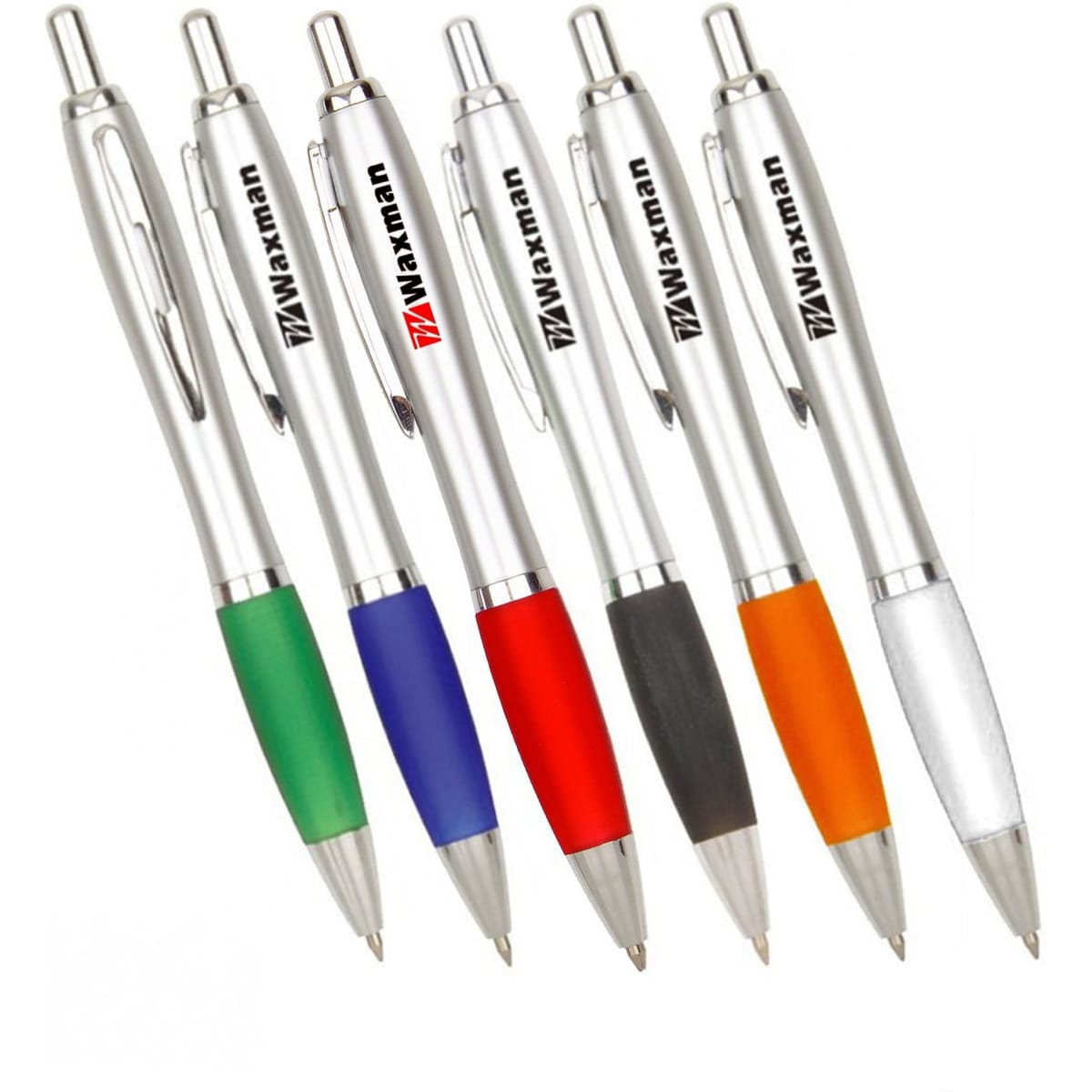 A selection of metal pens in silver, featuring coloured grips in green, blue, black, orange, and white, with a logo.