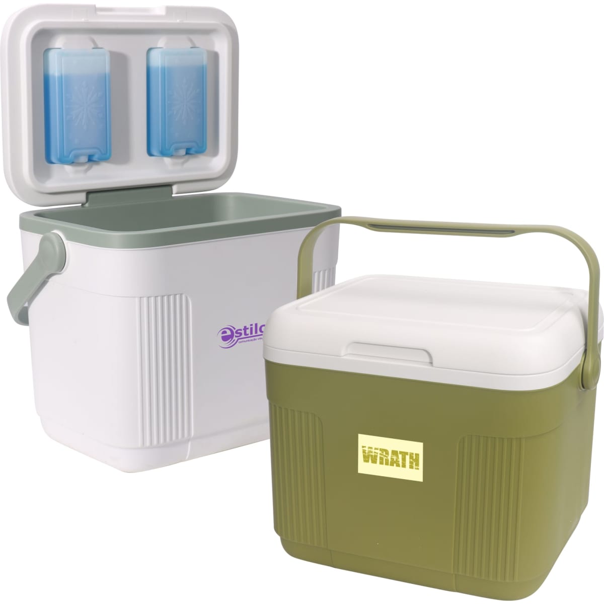 A 22L cooler box in olive green and white, featuring a handle and two blue ice packs inside. It has a logo on the front.