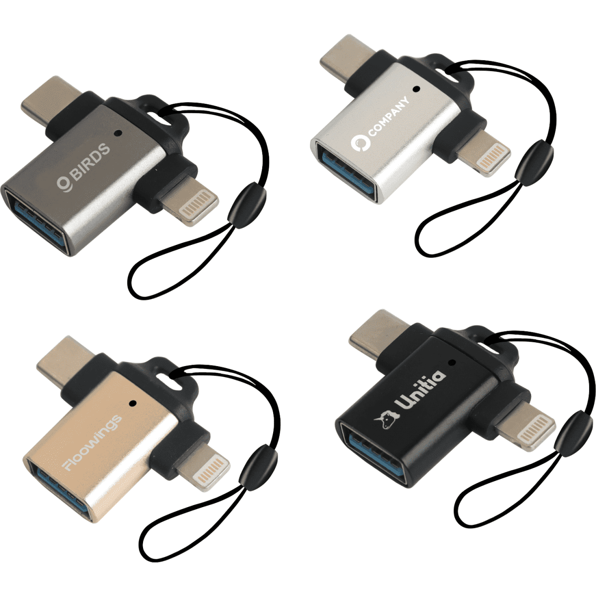 A set of four USB 3.0 to USB C Lightning OTG adapters in silver, gold, and black, each with a lanyard.