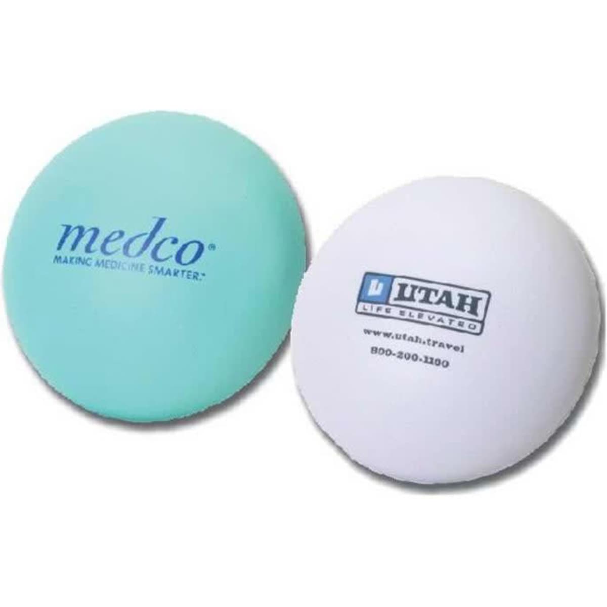 A tablet-shaped stress reliever in mint green and white, featuring two different logos.