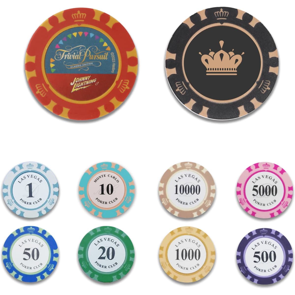 A set of colourful poker chips in various designs, including red, blue, black, and pink, featuring a crown motif.