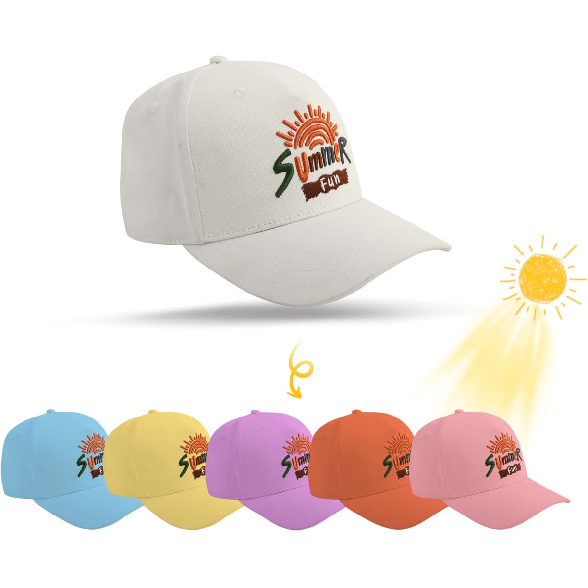 A colour changing baseball cap in light beige, with various caps in blue, pink, purple, orange, and yellow below, featuring a logo.