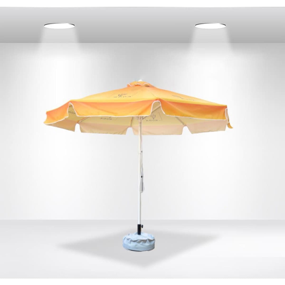 A 3x3m round market umbrella with orange and cream fabric, featuring valances and a sturdy base. Includes branding.