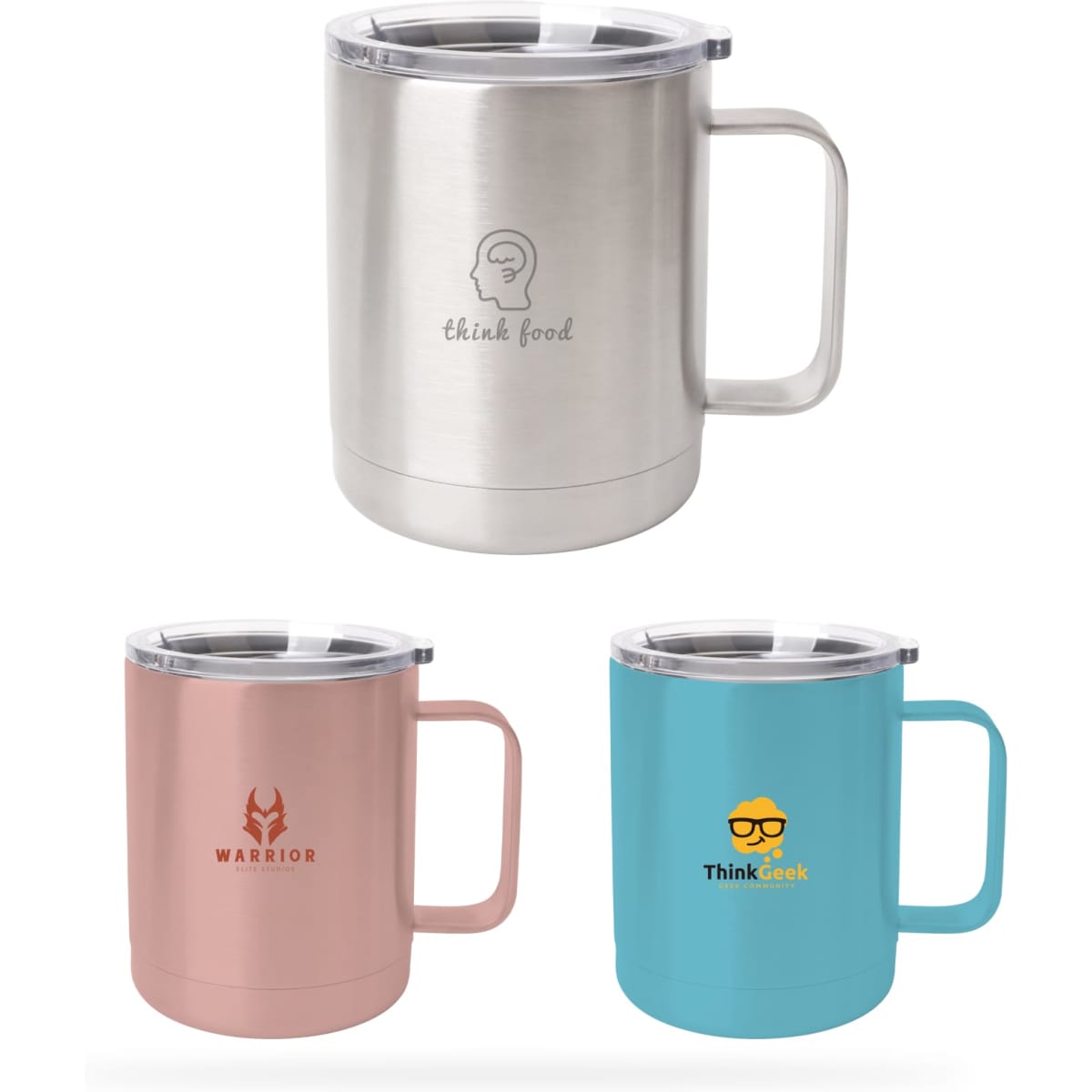 A stainless steel mug set featuring pink, blue, and silver finishes, each with a logo and a clear lid.