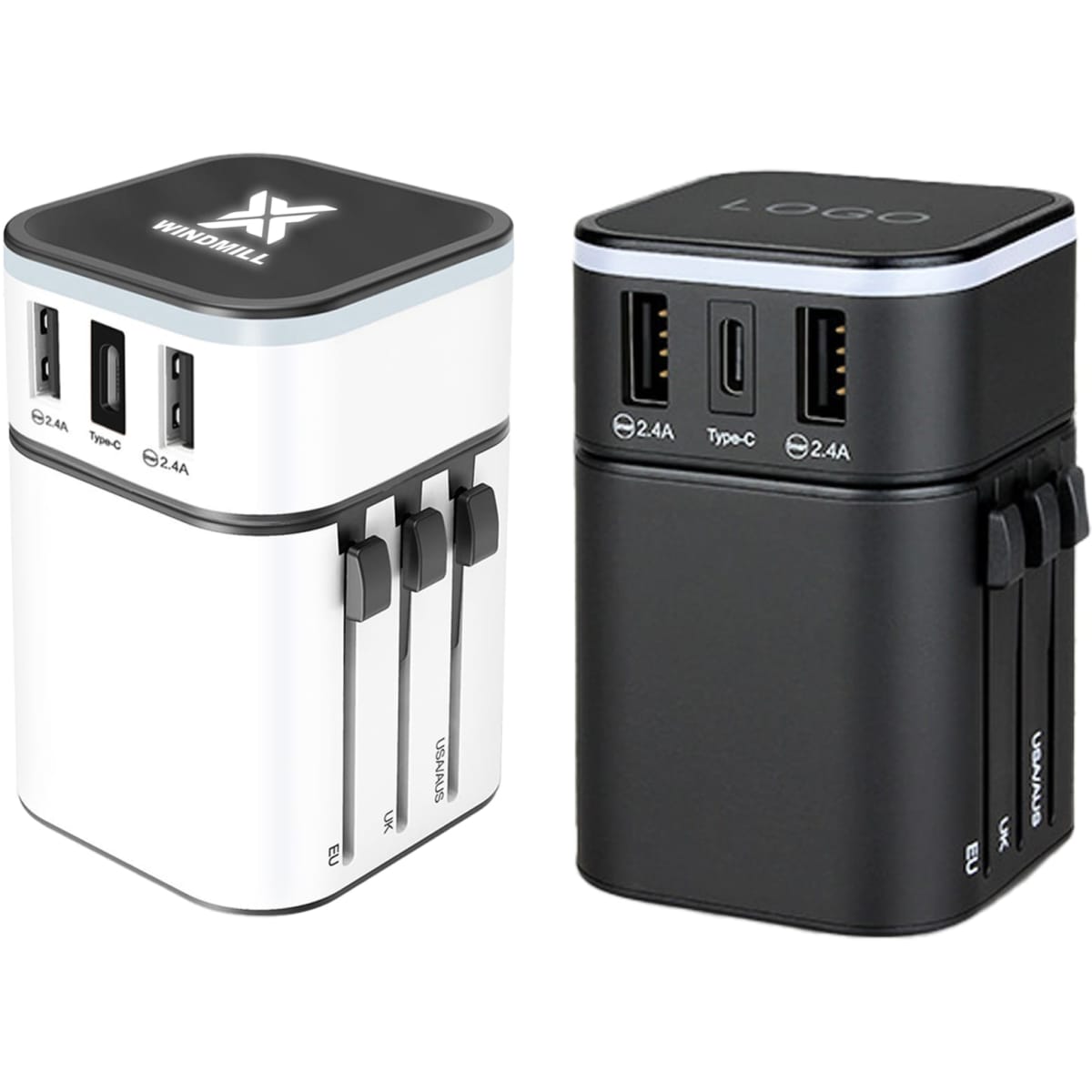 A Luminous Travel Adapter in white and black, featuring multiple USB ports and a logo on top.