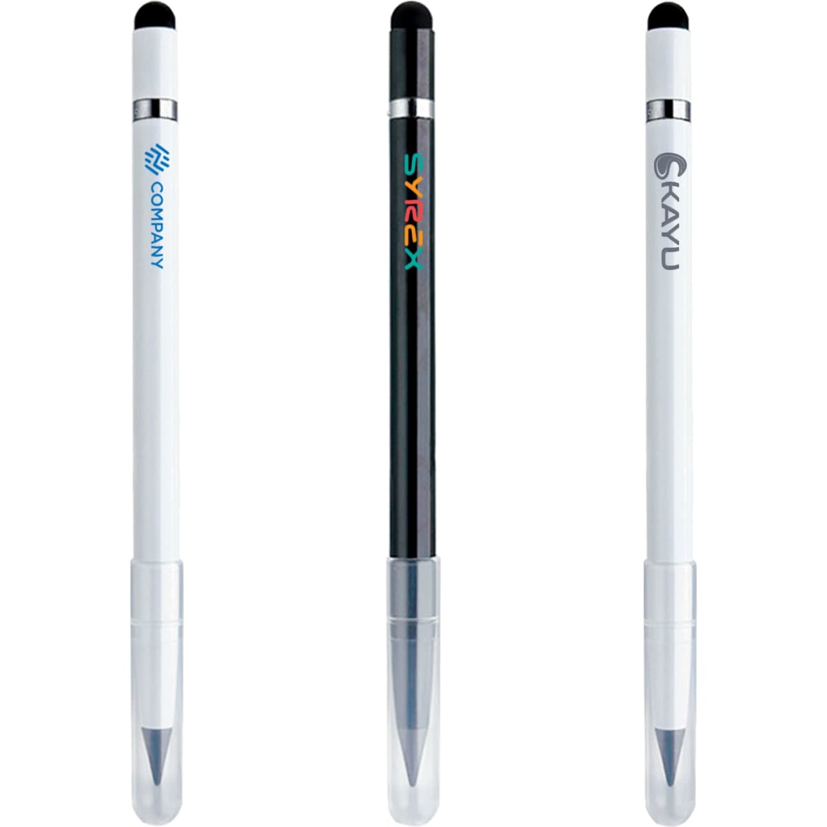 Three 3-in-1 eternal pencils in black and white, featuring a logo on one pencil and a clear sheath at the bottom.