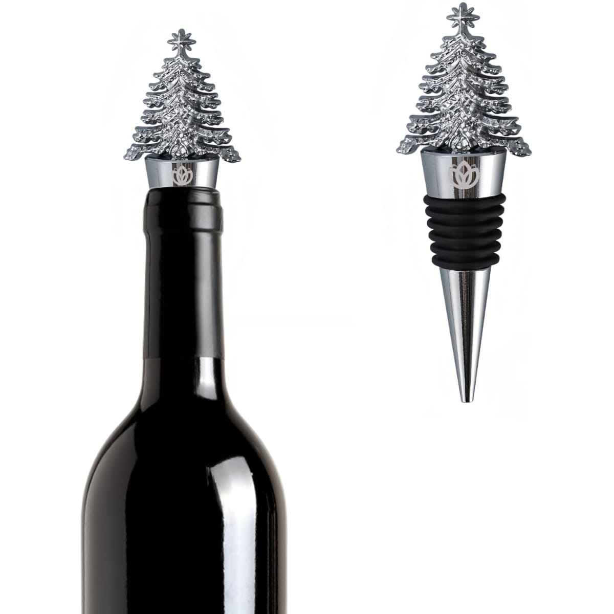A drink bottle with a silver Christmas tree wine stopper, featuring a sleek metal design and a black rubber seal.