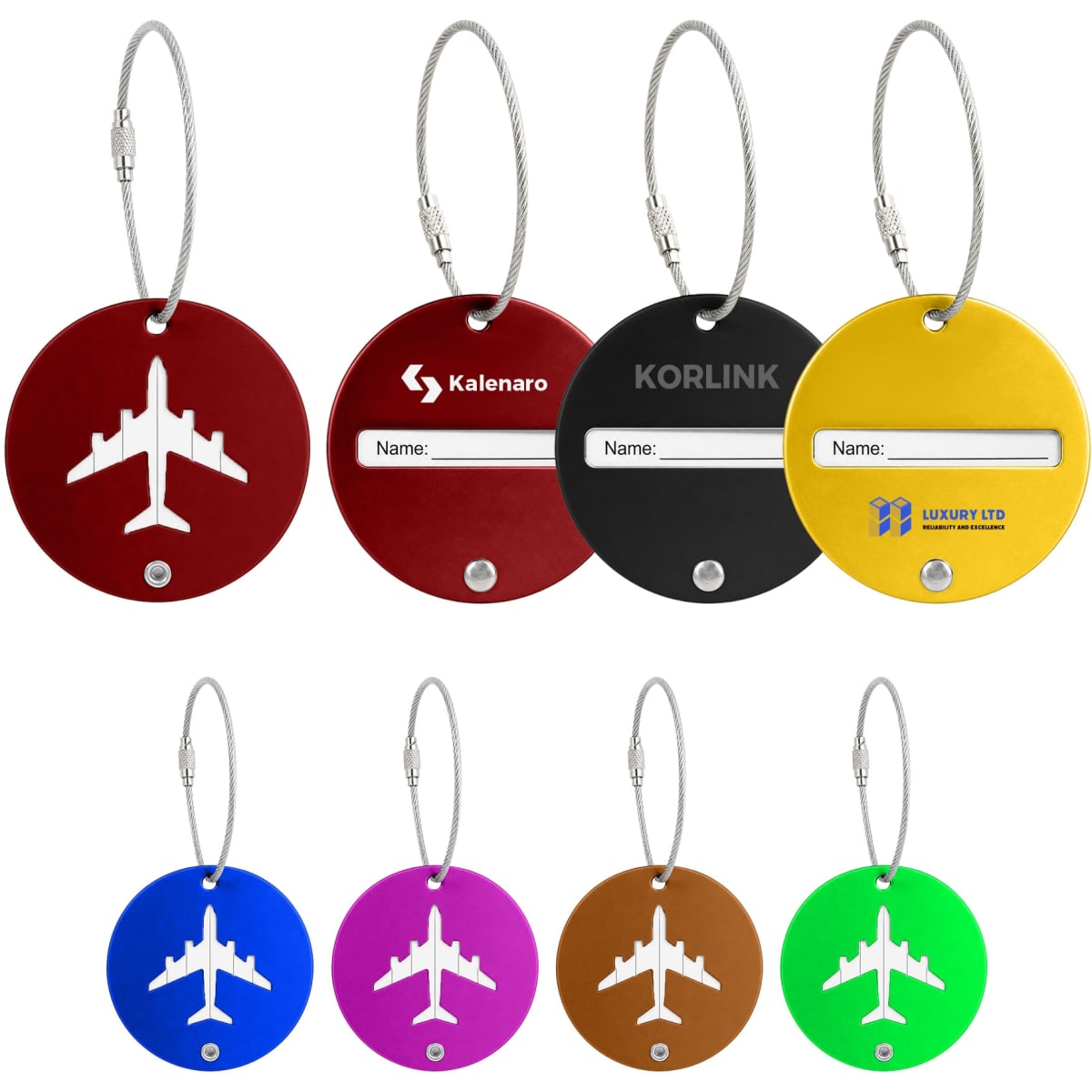 A set of round wire cable luggage tags in red, black, yellow, blue, purple, and green, featuring an airplane design and a name label.