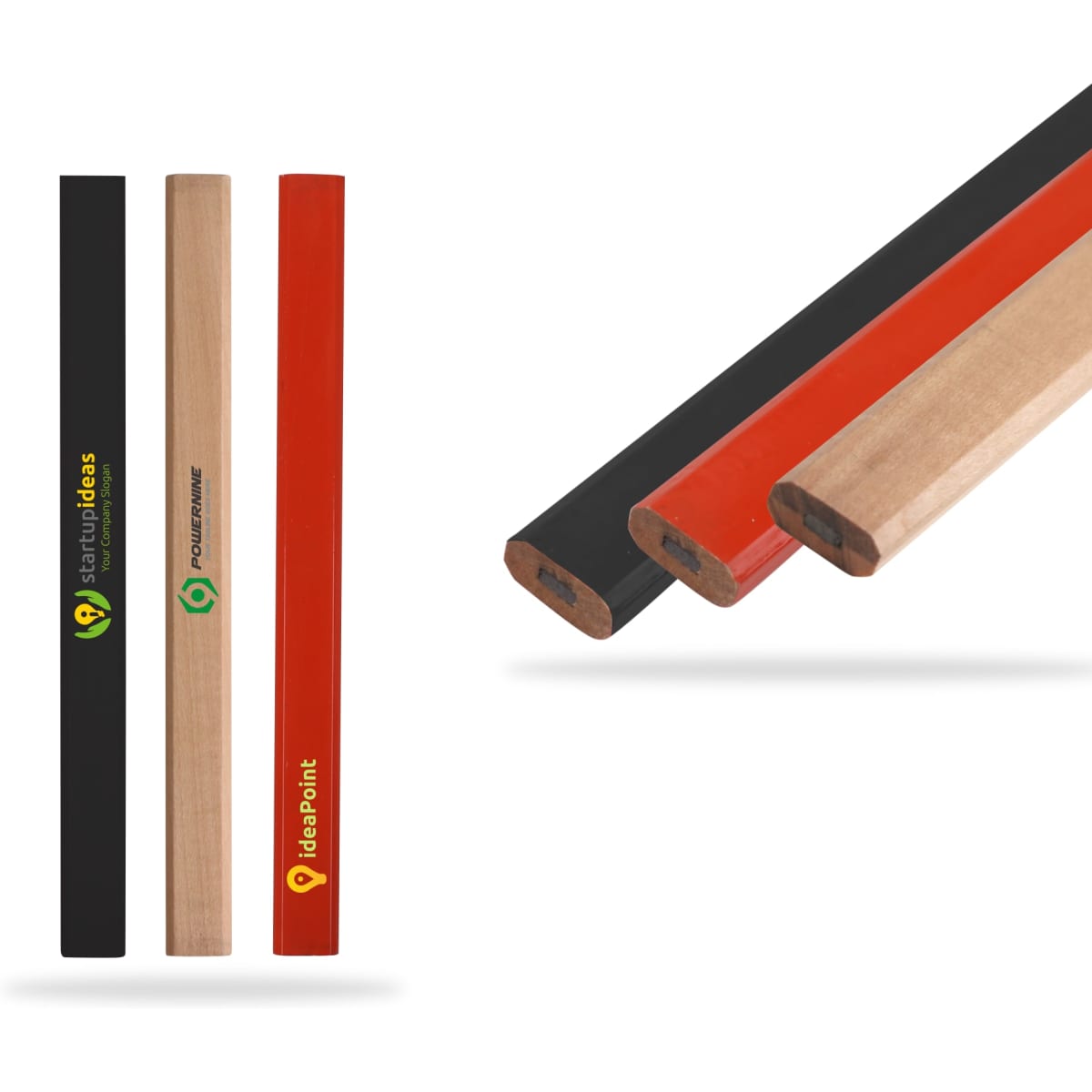 Three grey-lead pencils in black, red, and natural wood finish, with branding on the black and red pencils.