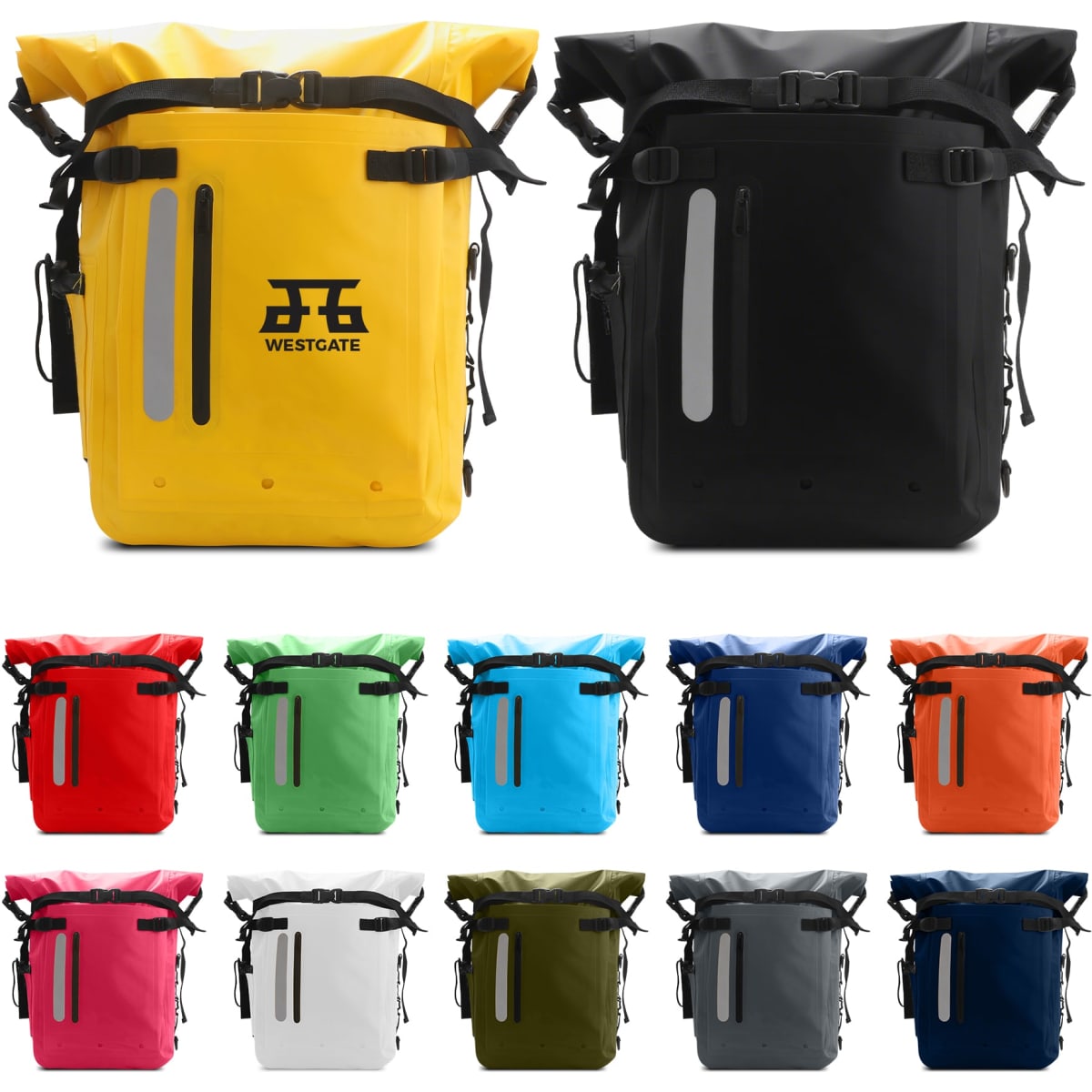 A waterproof roll top backpack available in various colours including yellow, black, red, green, and blue, featuring a logo.