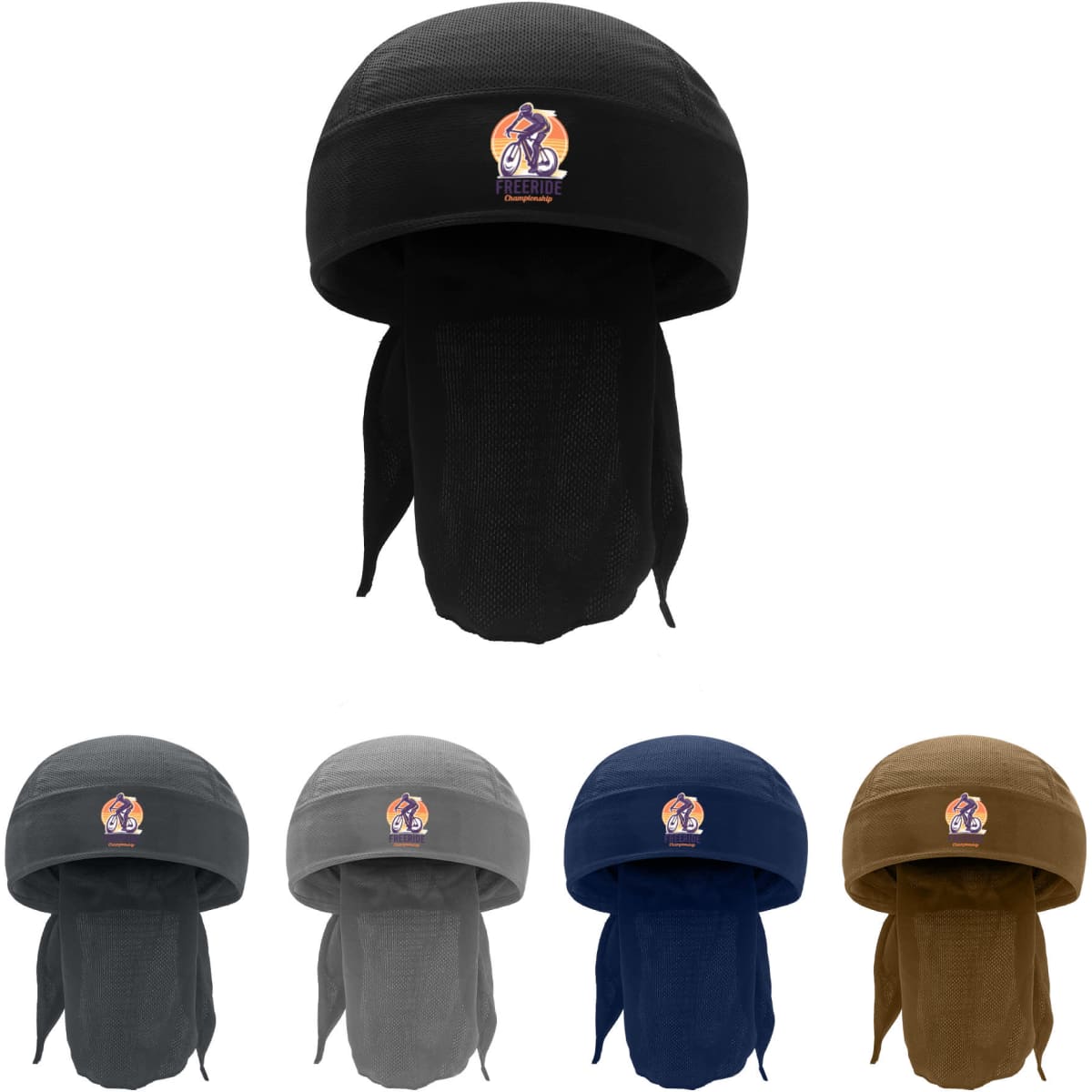 A cycling bandana hat in black, grey, navy, and brown, featuring a logo on the front. 
