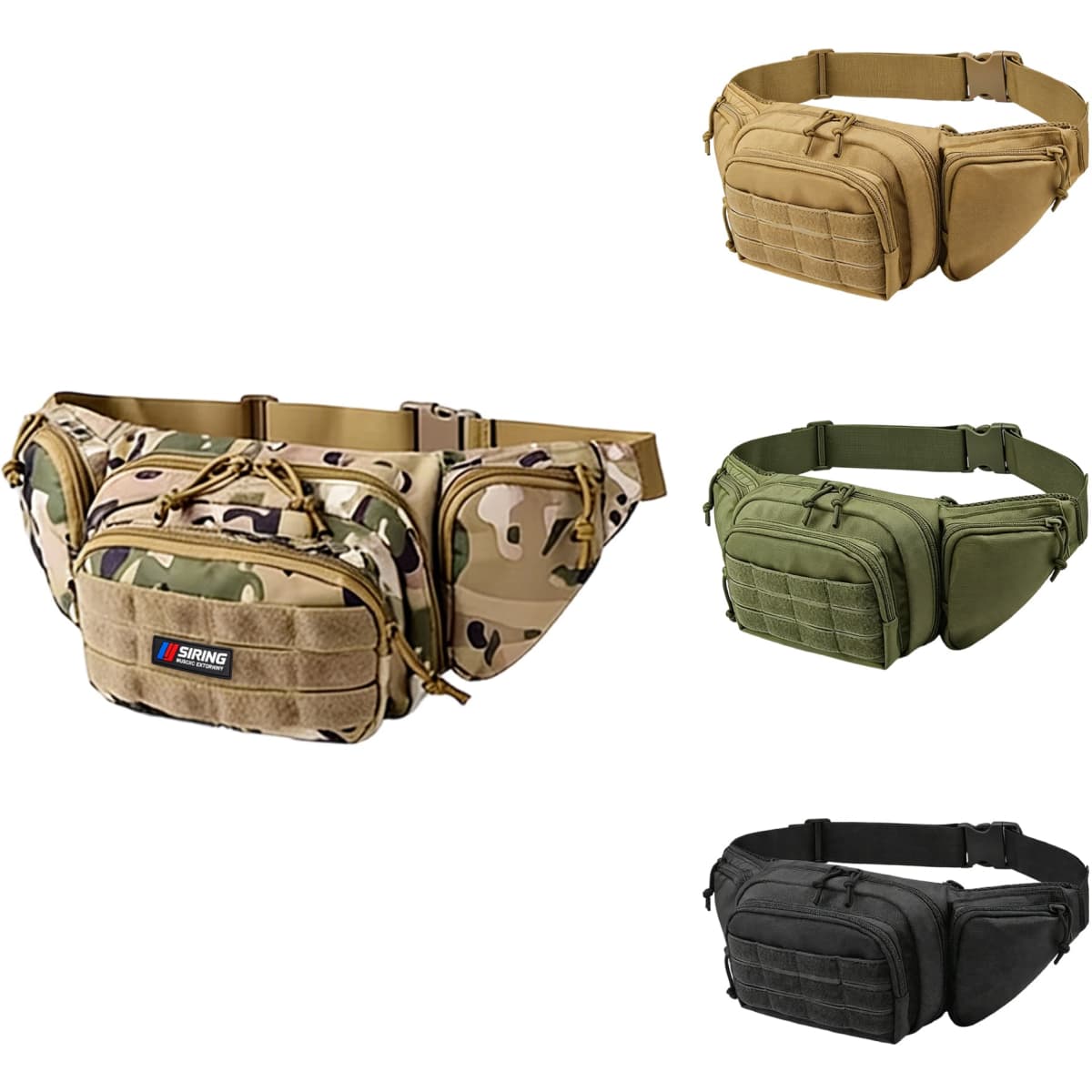 A tactical fanny pack in camouflage, tan, olive green, and black colours, featuring multiple pockets and a logo.