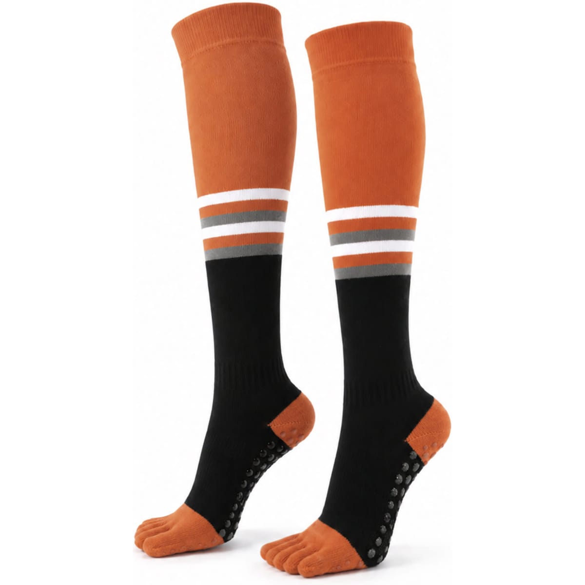 Knee-high socks in orange and black with white and grey stripes, featuring grip dots on the soles.