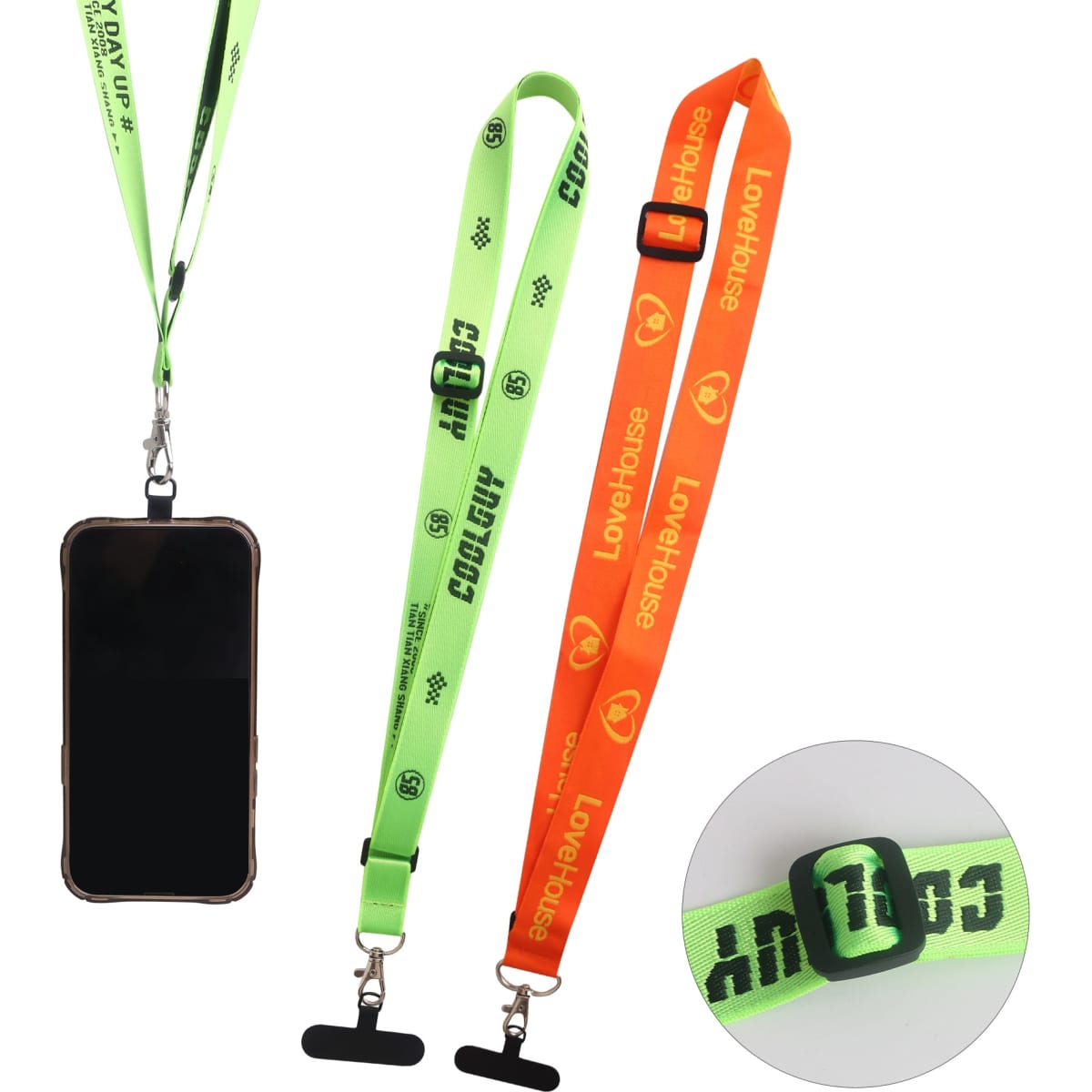 An adjustable woven phone lanyard in vibrant green and orange colours, featuring a logo and a secure clip for attachment.