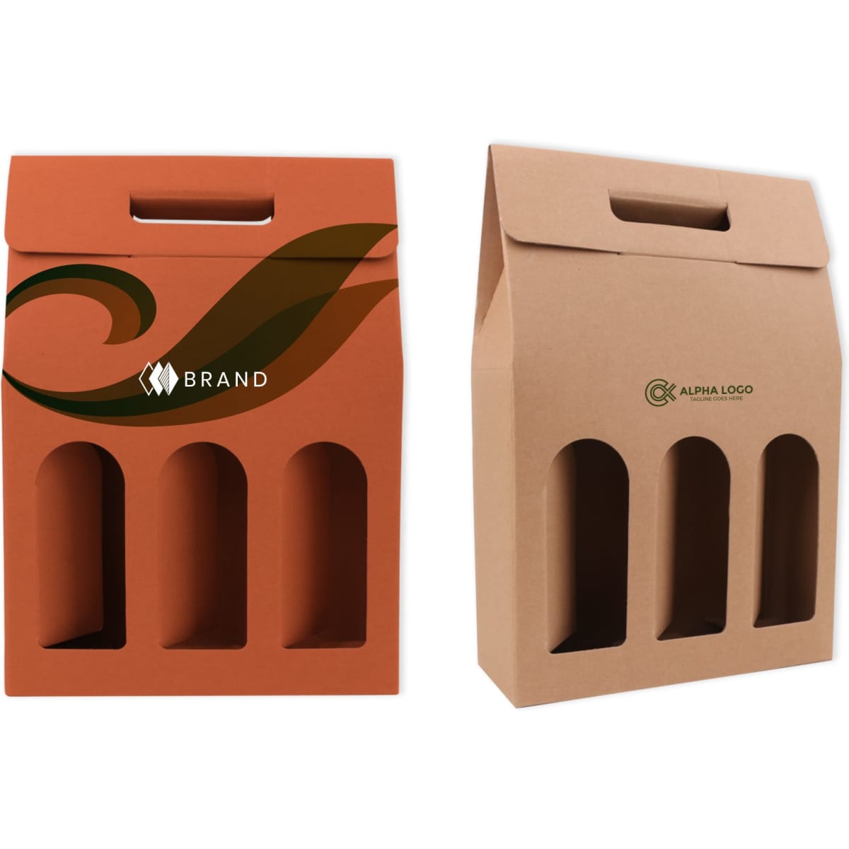 A portable wine box featuring three circular cutouts, in orange and brown cardboard, with branding on both sides.