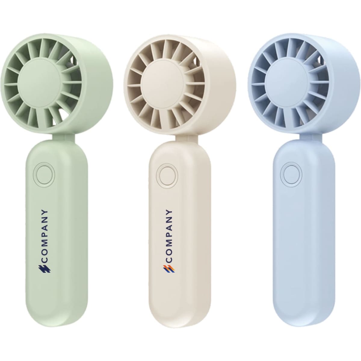 A foldable handheld fan available in green, cream, and blue, featuring a logo on the handle.