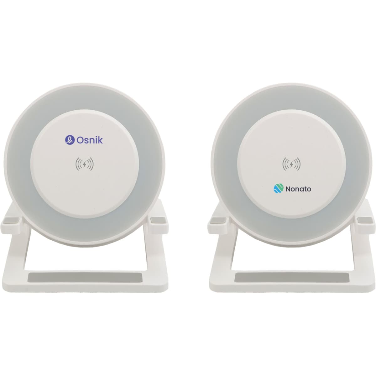 A wireless charger night light in white and grey, featuring a stand and two branding logos.