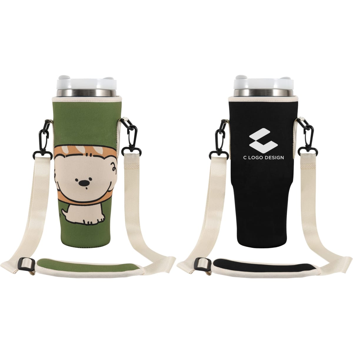 A drink bottle carrier bag featuring a green design with a cartoon character and a black side with a logo.