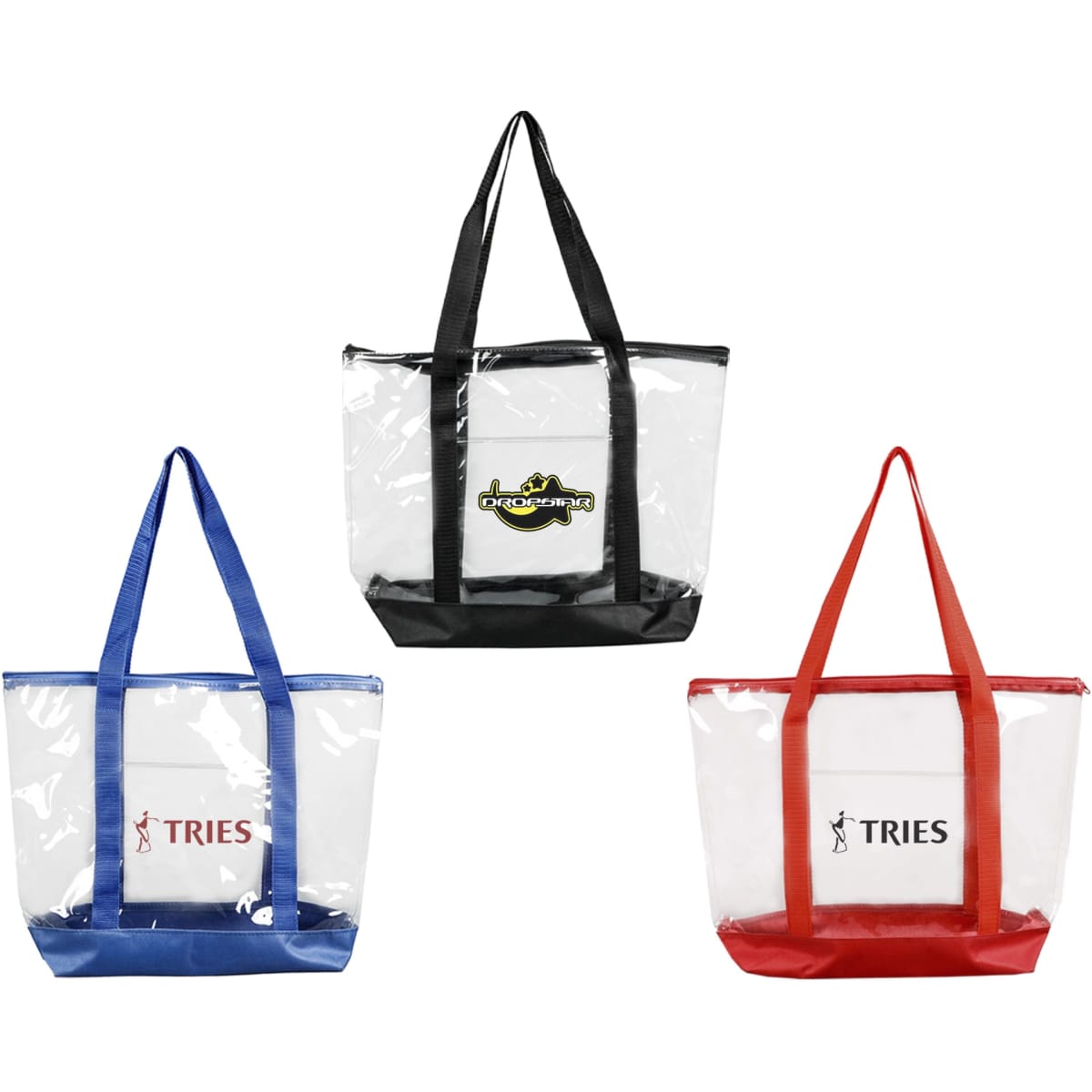 Three large clear zippered tote bags in black, blue, and red, featuring logos on the front of each bag.
