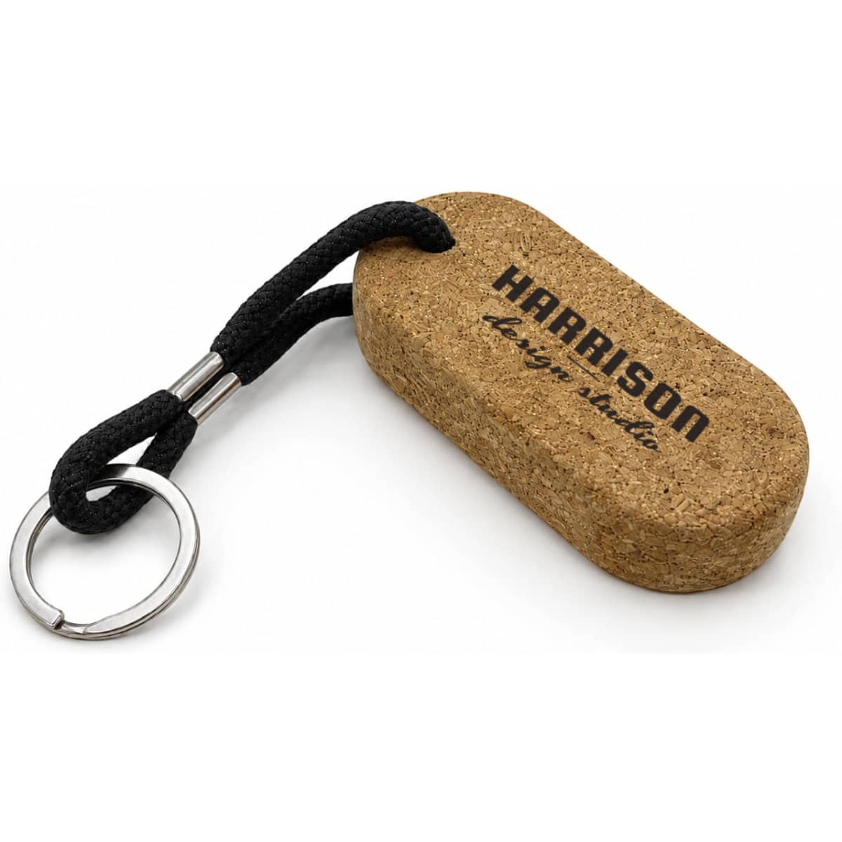 A cork keyring with a black strap and metal keyring attachment, featuring a logo on the cork surface.