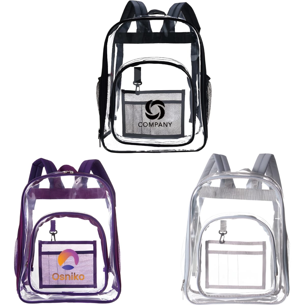 A heavy-duty transparent backpack in black, purple, and clear with front pockets and visible logos.