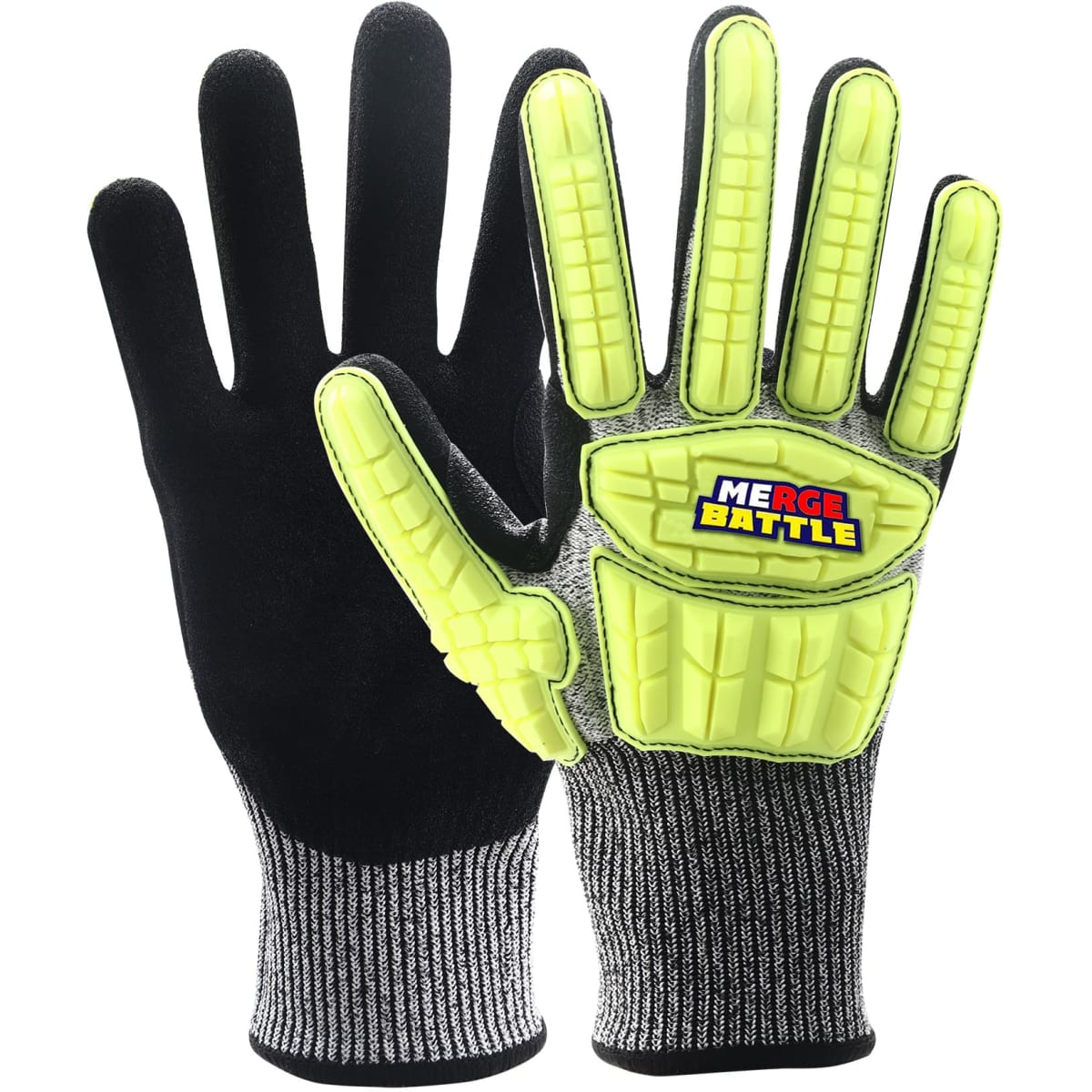 Heavy duty safety work gloves featuring bright yellow protective padding and a black and grey fabric base.