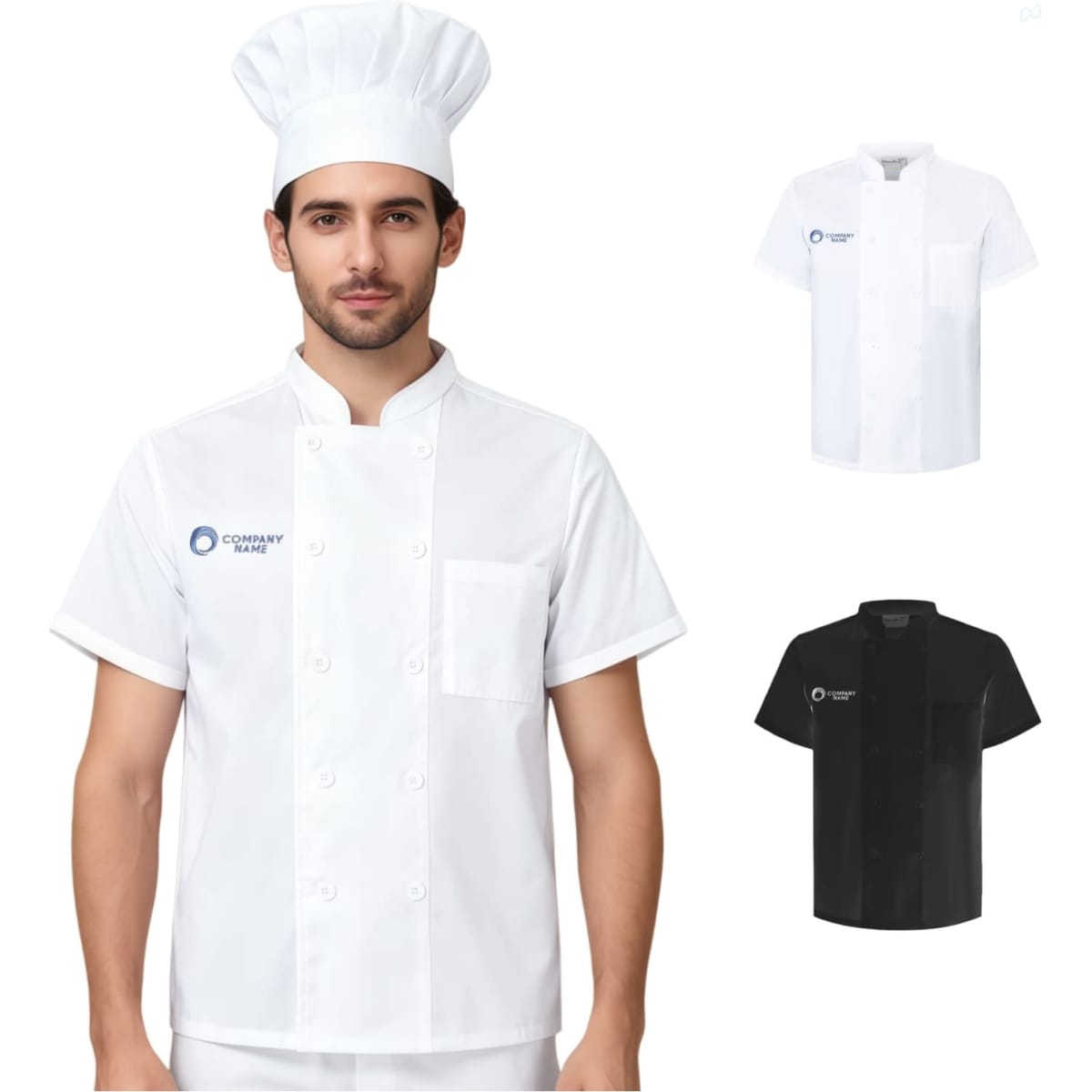 A chef wearing a white double-breasted jacket and hat, with black and white jacket options displayed beside him.