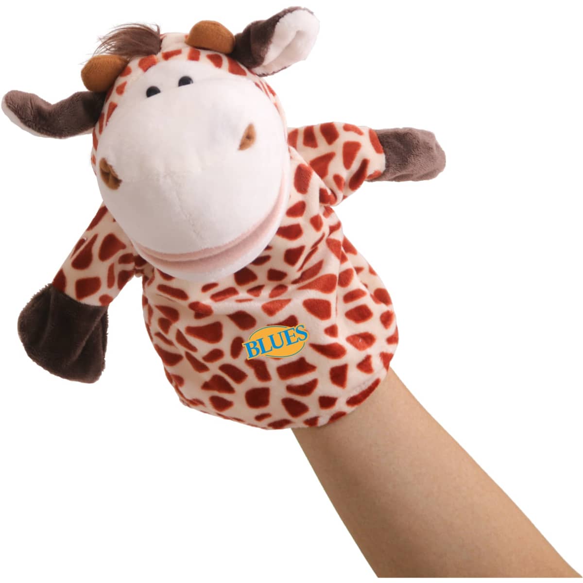A plush giraffe hand puppet with a spotted pattern, featuring a smiling face and soft brown accents.