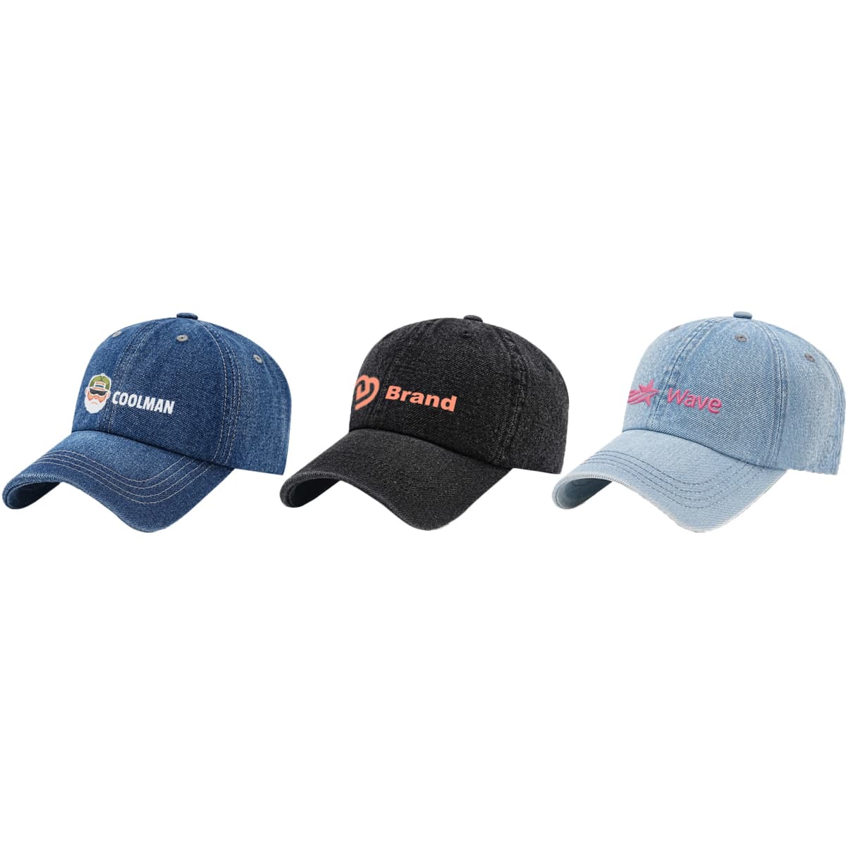 Three denim baseball caps in blue, black, and light blue, each featuring a logo on the front.