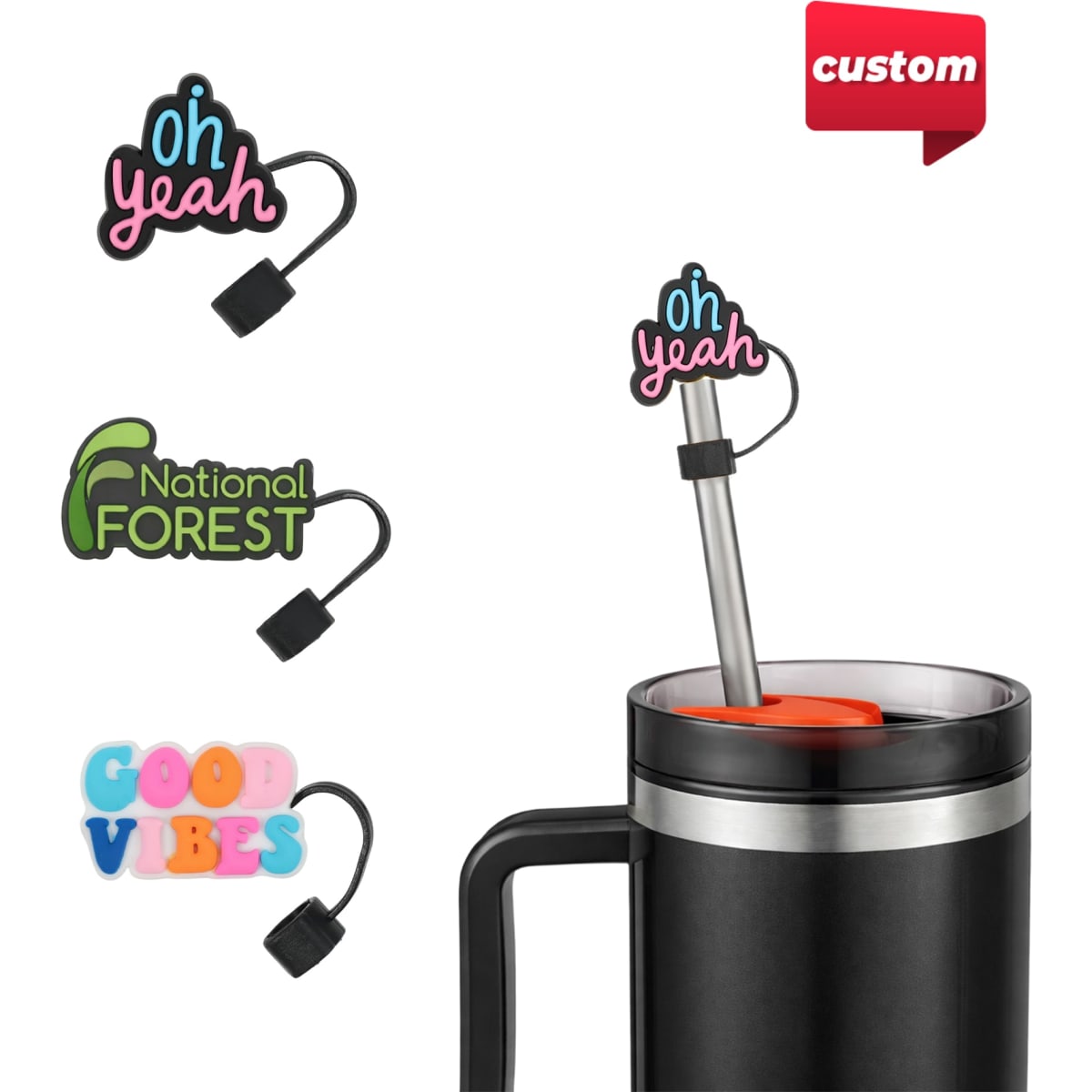 A drink bottle with a custom shape straw cover featuring colourful designs, including text and a logo.