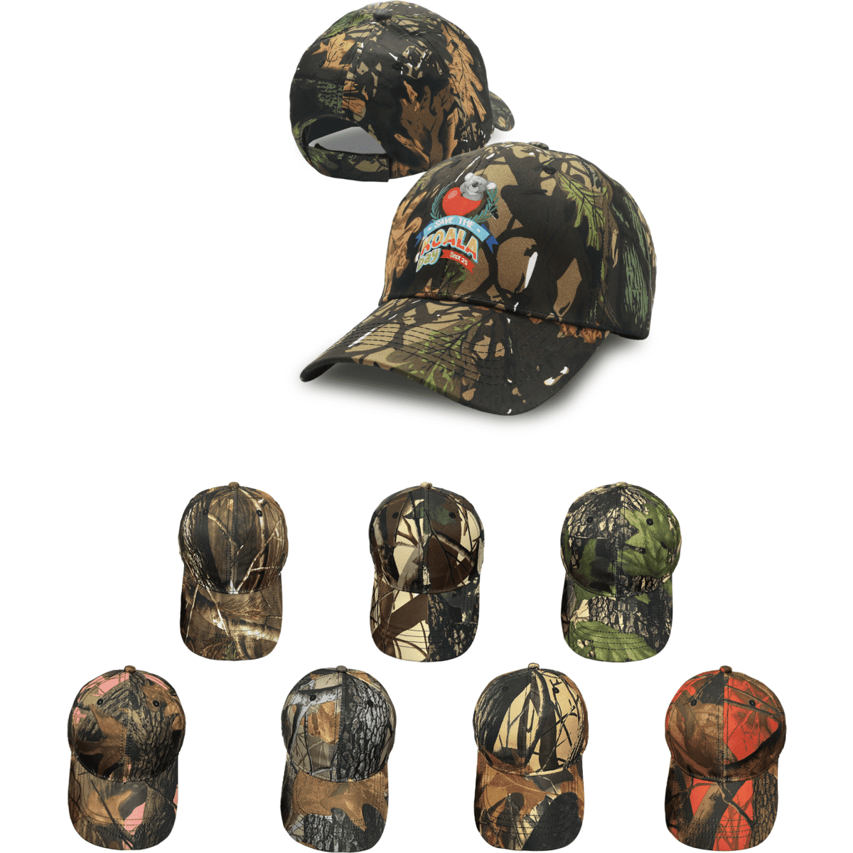 A 6 panel cap in True Timber camouflage featuring various camouflage patterns and a logo.