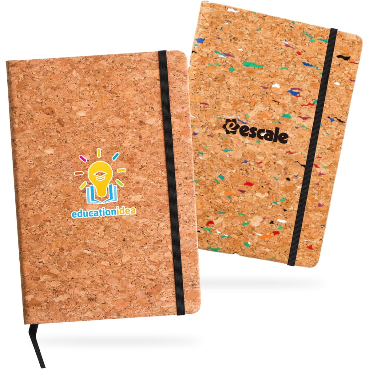 A5 cork notebook featuring a textured cork exterior, black elastic closure, and visible logos on the covers.