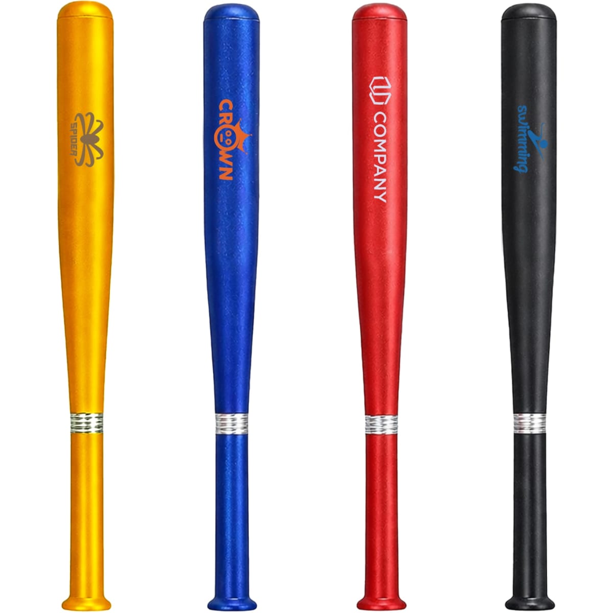 A set of four plastic baseball bat shape pens in yellow, blue, red, and black, each with a logo.
