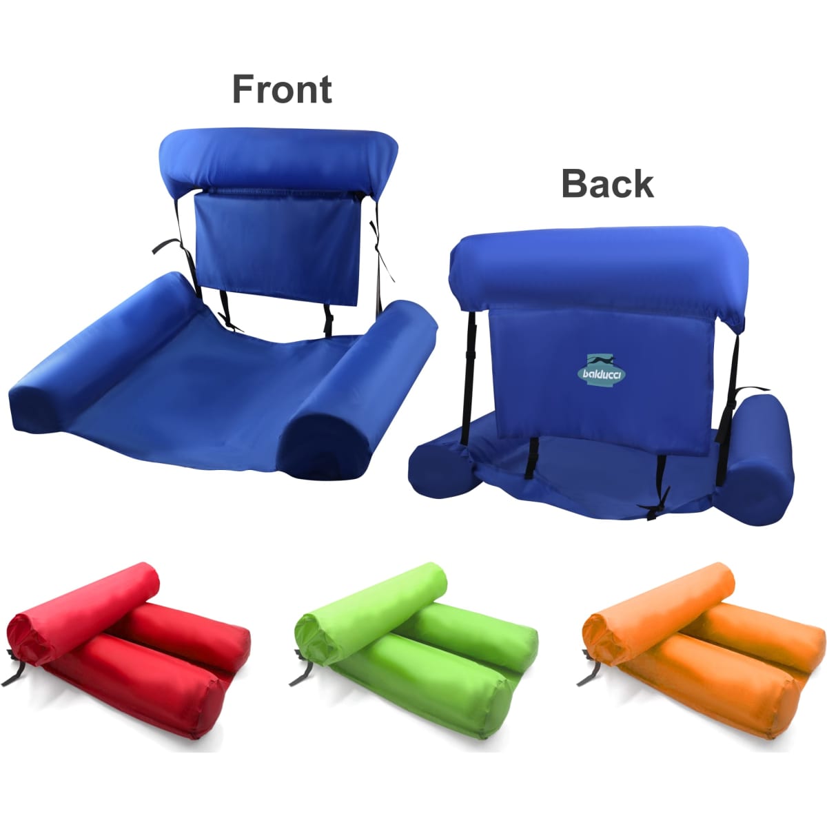 Inflatable floating chair in blue, with red, green, and orange versions displayed below. Features front and back views.