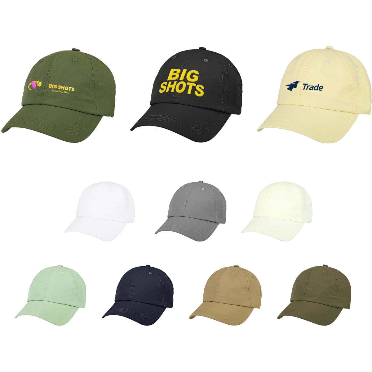 A collection of six-panel lightweight caps in various colours, featuring different logos and designs.