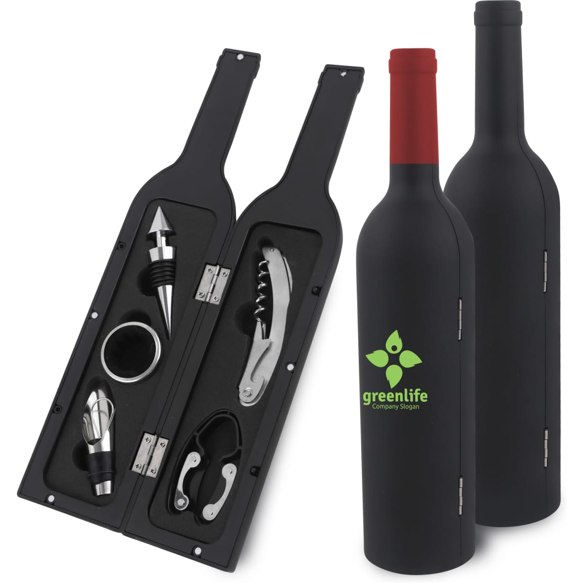 A drink bottle shaped set in black with a red top, containing a corkscrew, pourer, and stopper. Includes a logo.