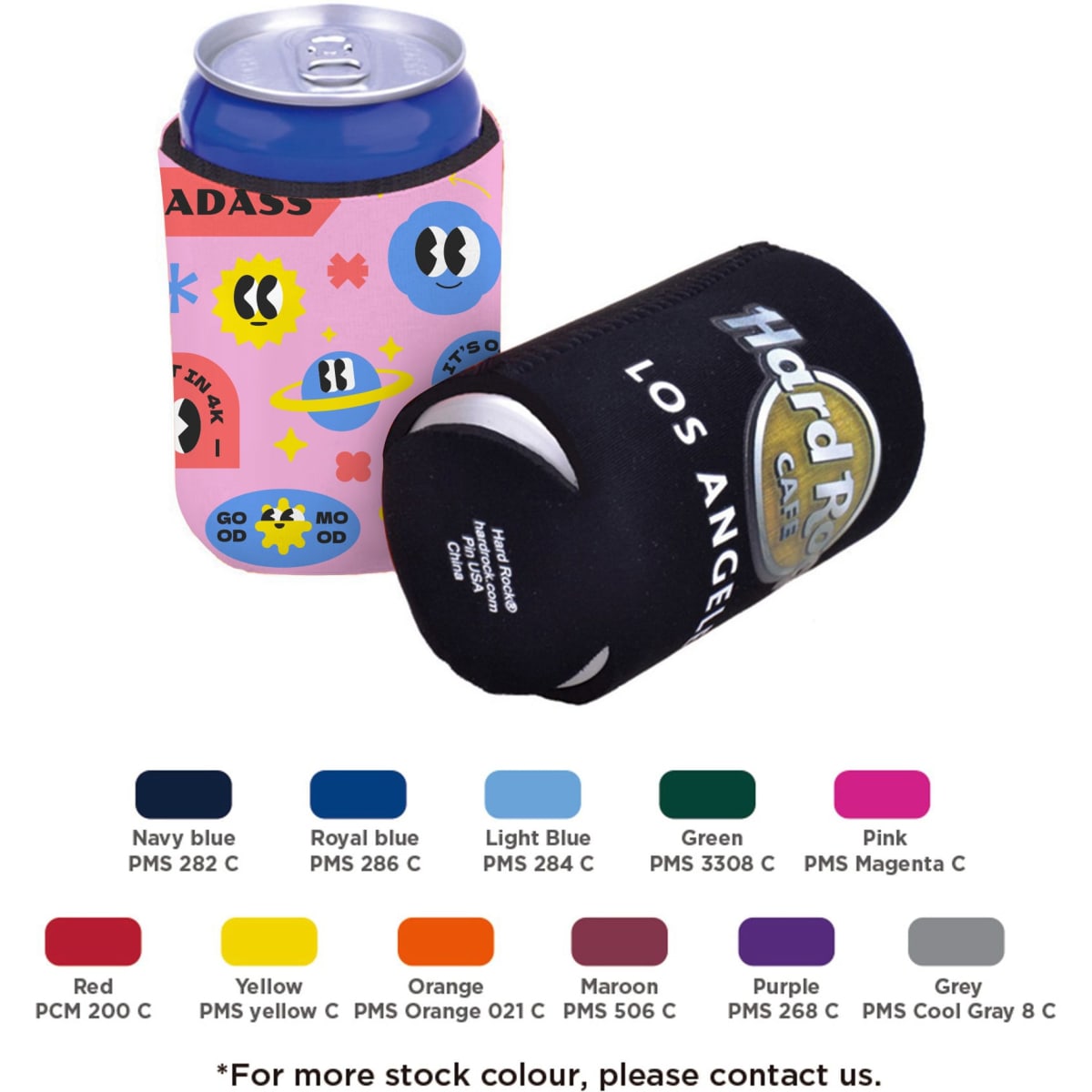 A drink bottle holder in pink with various colourful designs, and a black holder with a logo.