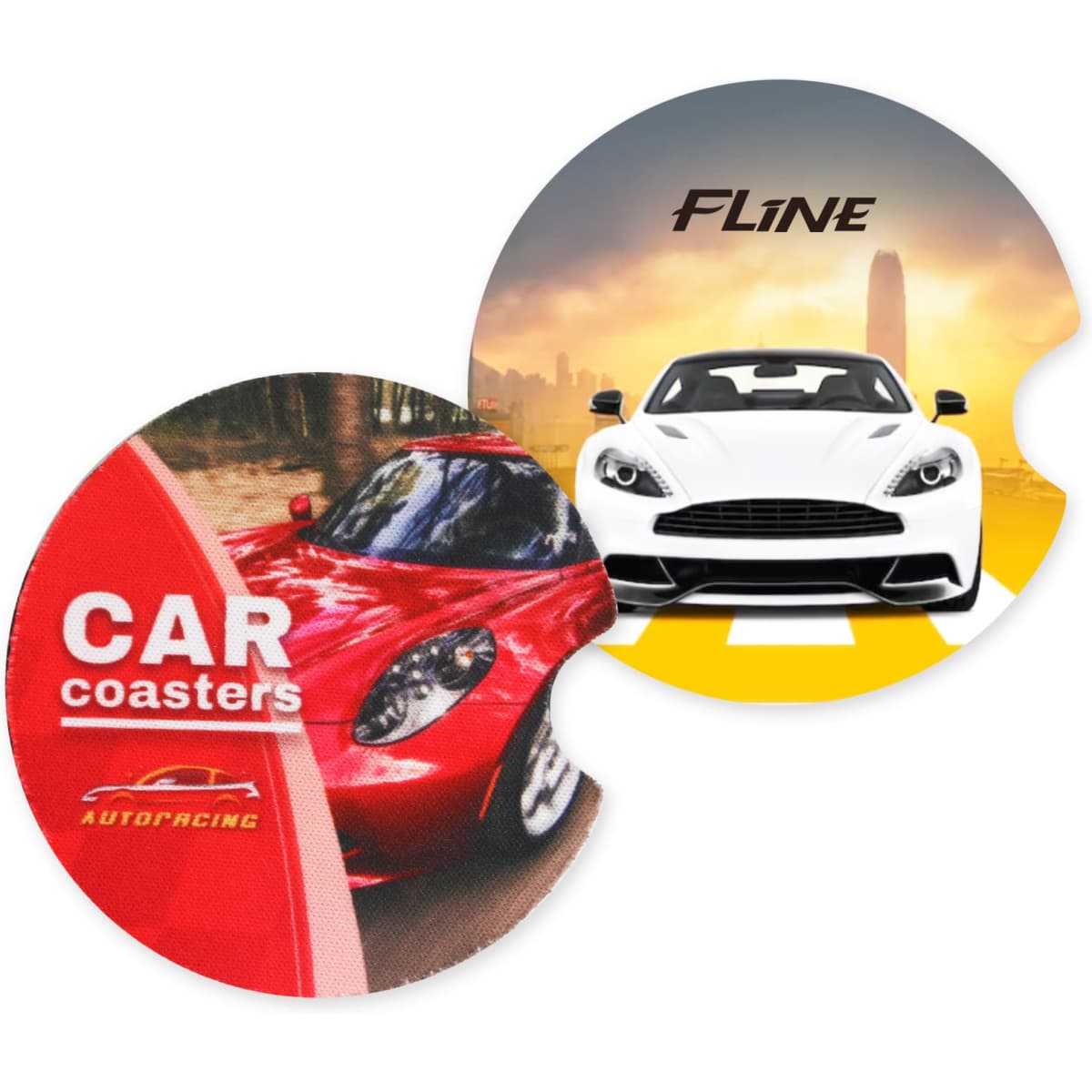 A drink coaster set featuring vibrant designs: a red car and a white sports car against a city backdrop.