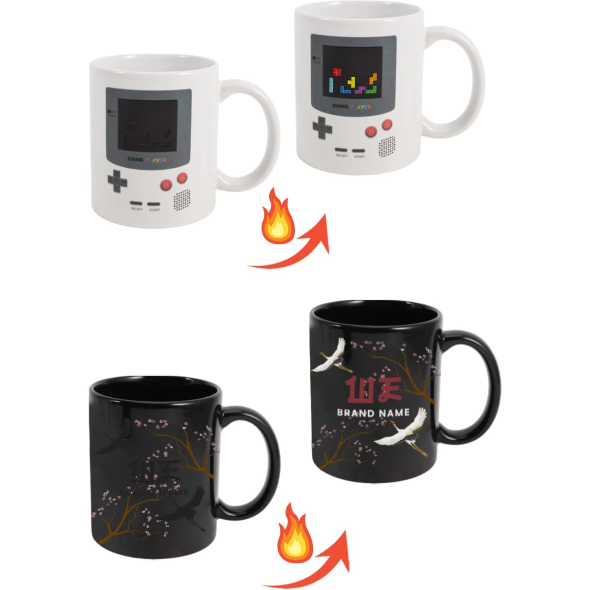 A heat sensitive colour changing mug, featuring a white Game Console design and a black floral design that reveals colours when heated.