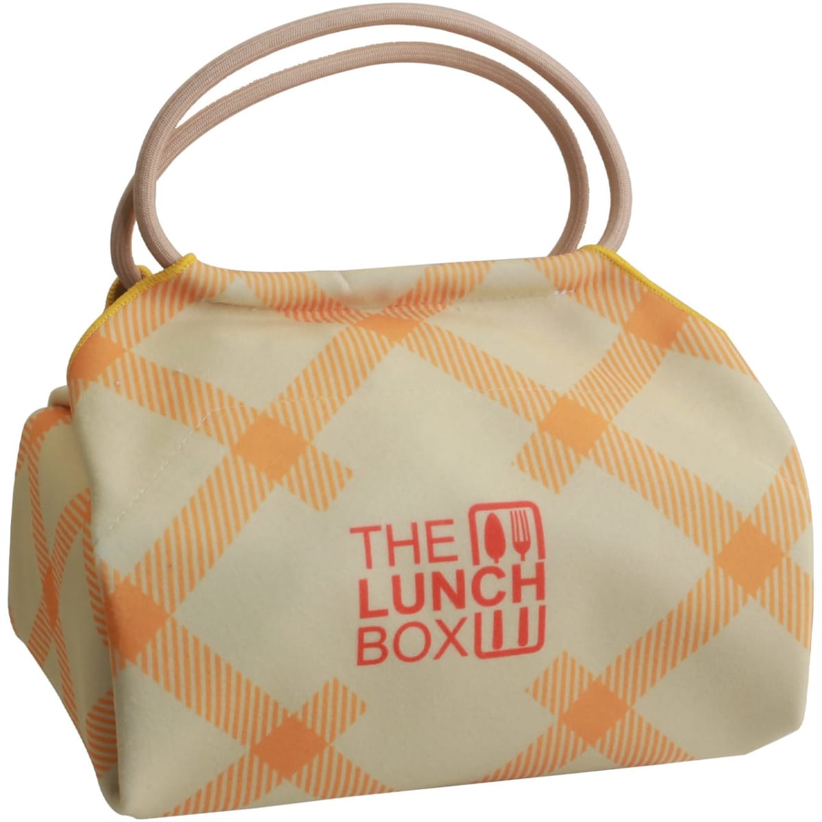 A patterned lunch box bag in cream and orange with two handles, featuring a logo on the front.