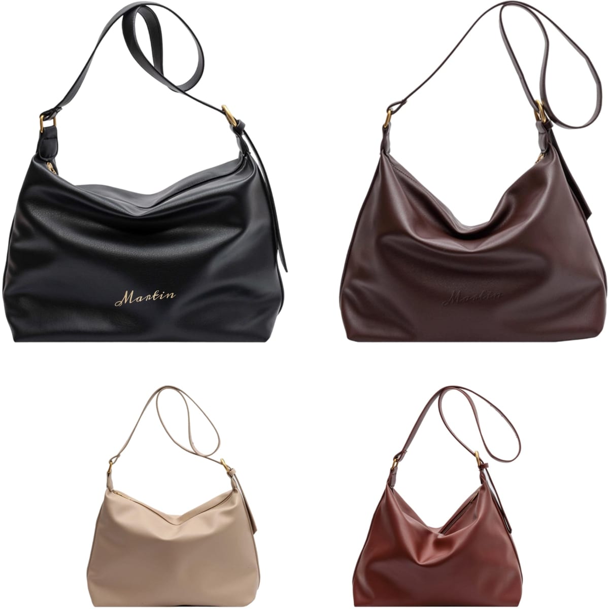 A set of four tote bags in black, brown, beige, and burgundy, featuring a slouchy design and a shoulder strap.