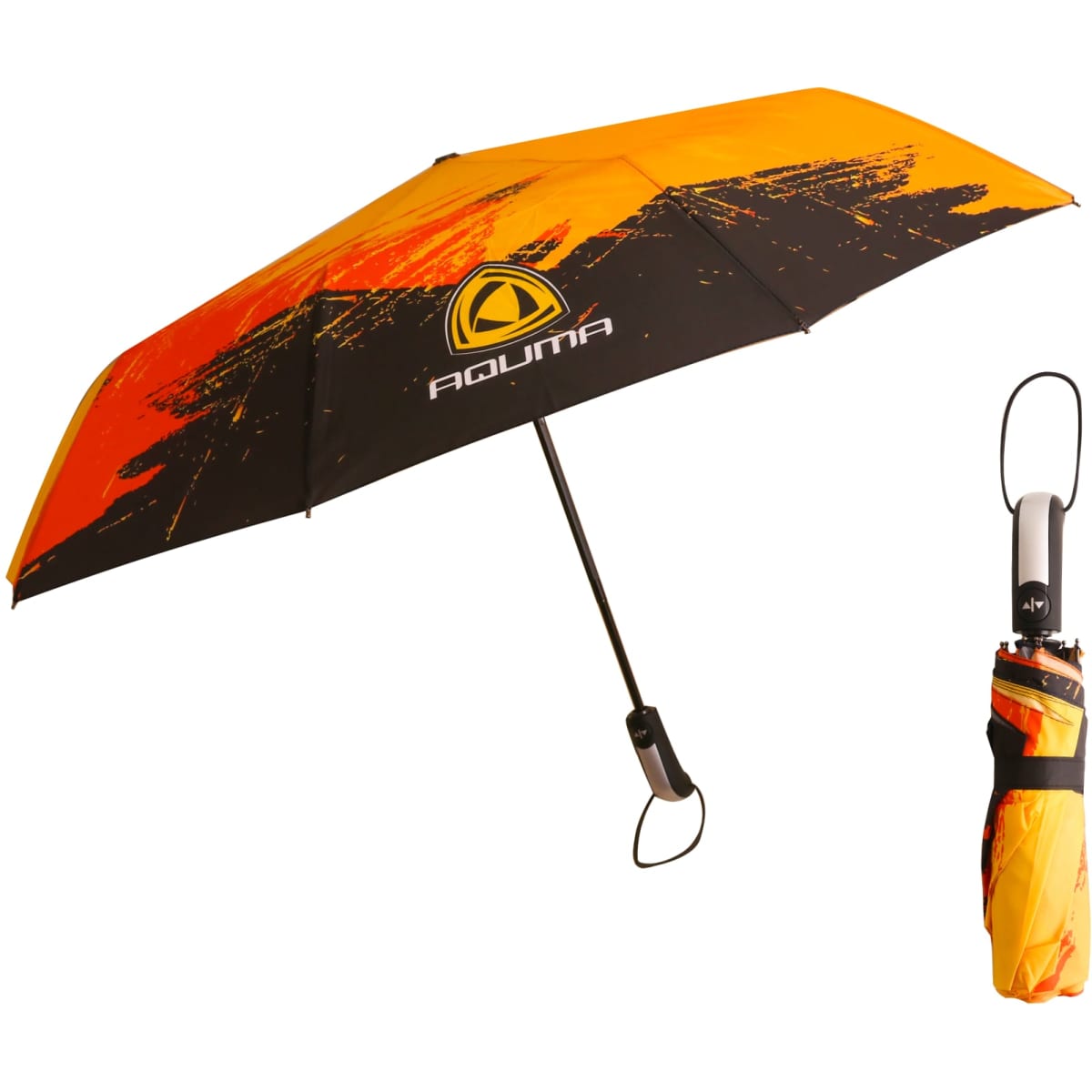 A folding ten-panel umbrella featuring a vibrant orange and black design, with a logo and a compact, matching case.