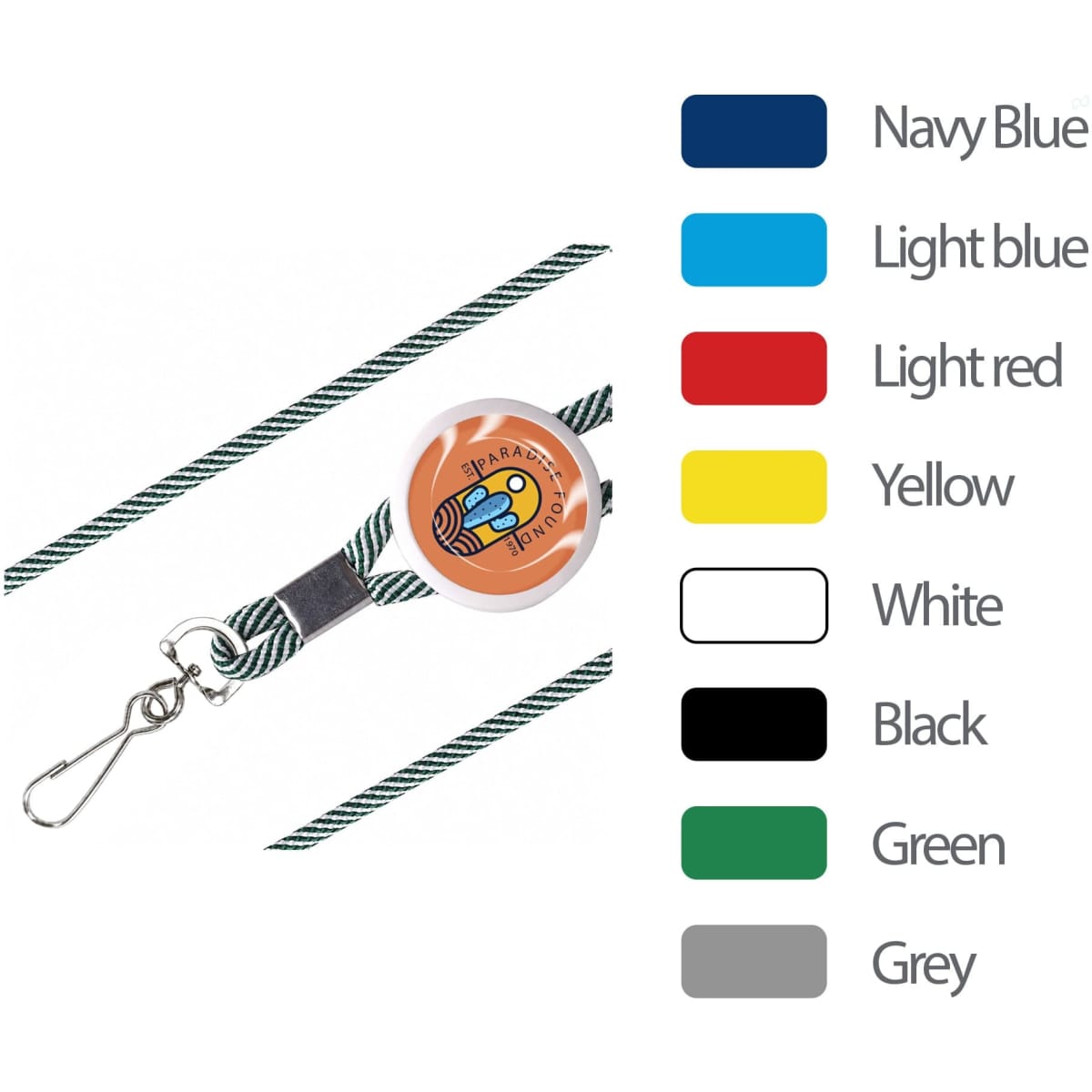 A navy blue and white lanyard with an epoxy domed badge and a metal clasp, featuring various other colour options.