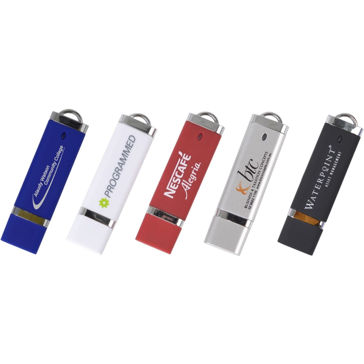 A collection of five flash drives in blue, white, red, silver, and orange, each with a branding logo.