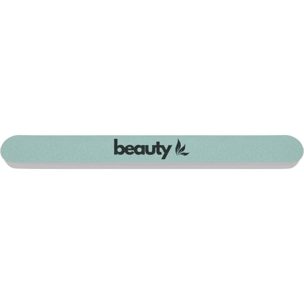 A double-sided polished nail file in a soft green and white colour, featuring a logo.